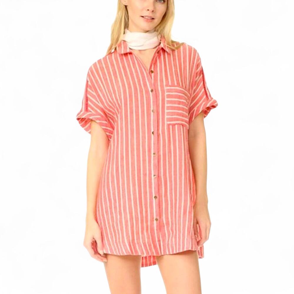 Free People Little Sway Mini Dress Tunic Red Stripes Oversized Linen Blend Small